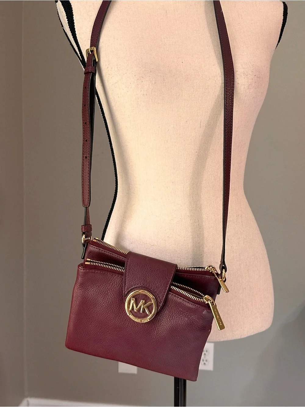 Michael Kors Merlot Pebbled Leather Crossbody with Gold MK Logo